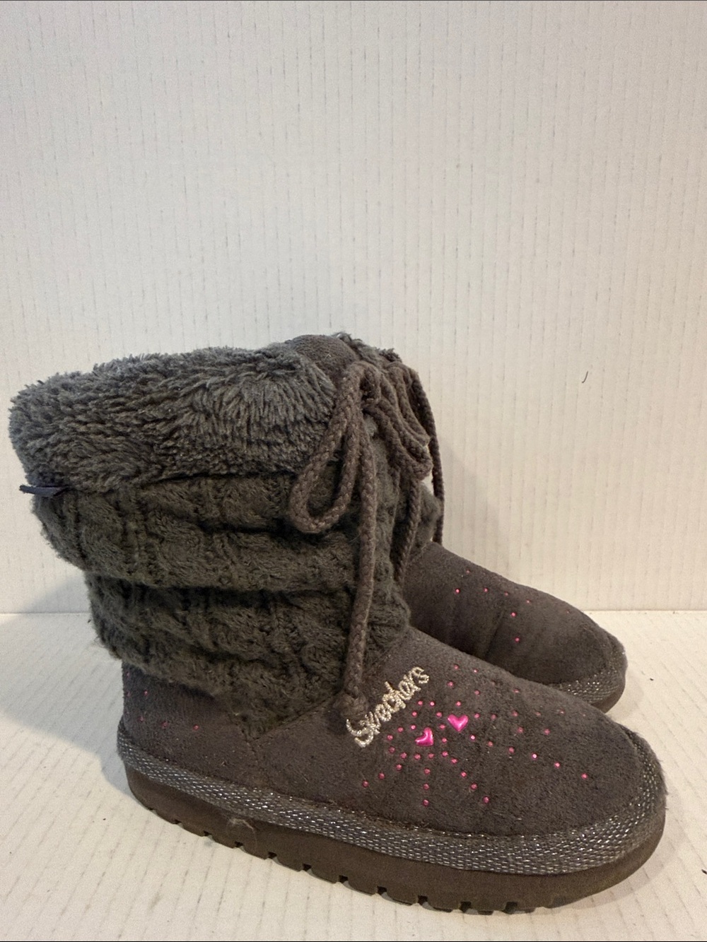 Skechers Girls Gray Slouchy Plush Boots with Pink Twinkle Toes ( sz 10)